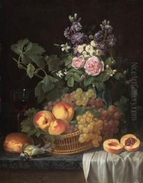 Roses, Stocks, Jasmine And Other
 Flowers In A Vase, With Peachesand Grapes In A Basket, A Glass Of Wine,
 A Blue Tit, A Bread Rolland A Peach On A Partly Draped Marble Ledge Oil Painting by Jean-Joseph-Xavier Bidauld