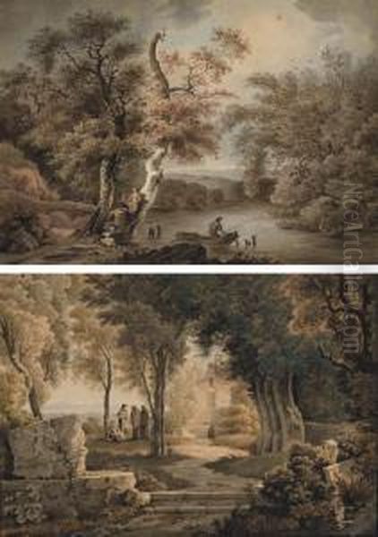 Des Personnages Devant Une 
Eglise Entouree D'arbres, Des Ruines Au Premier Plan; Et Un Pecheur Dans
 Une Barque, Des Femmes Au Bord De L'eau Dans Un Paysage Arbore Oil Painting by Jean-Joseph-Xavier Bidauld