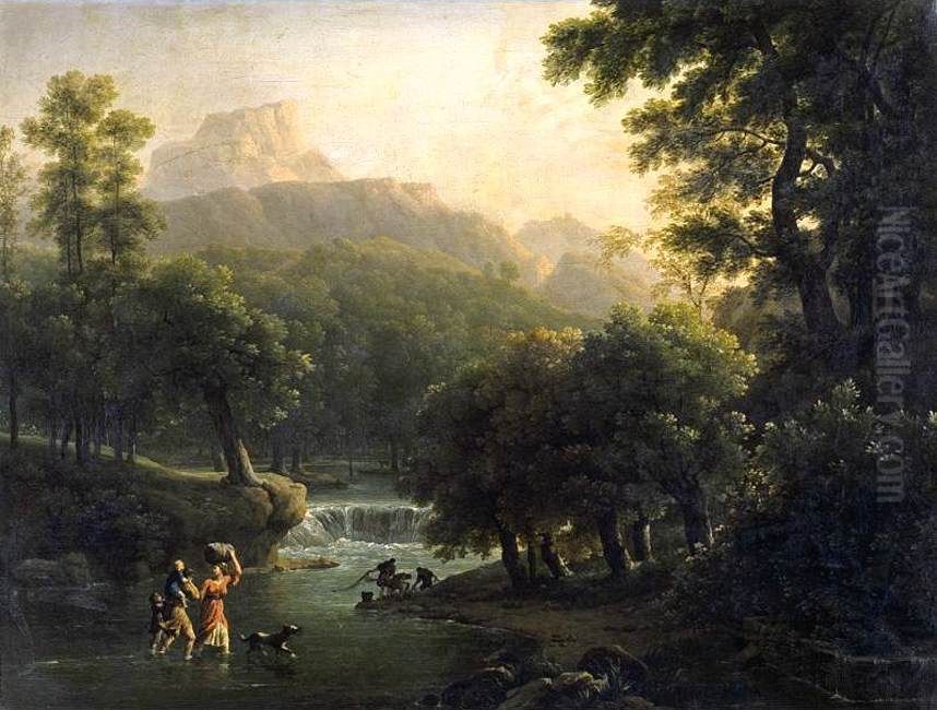 Landscape With Figures Crossing A River Oil Painting by Jean-Joseph-Xavier Bidauld