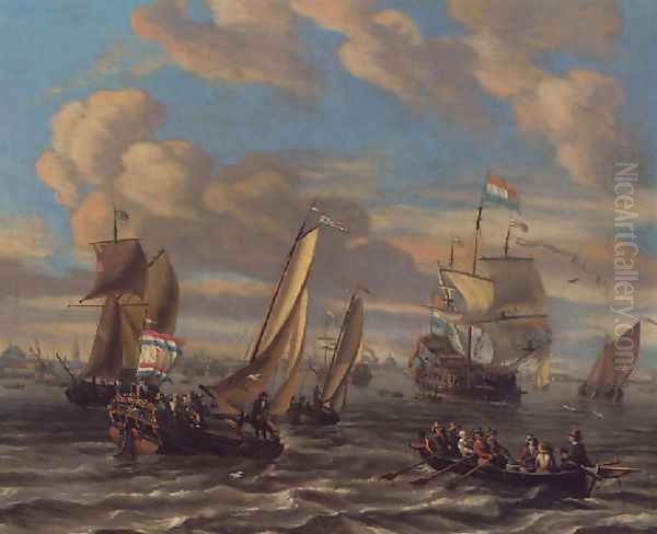 Shipping on the IJ off Amsterdam with a bezan yacht, a Dutch man-o'-war, a wherry and other shipping Oil Painting by Johannes de Blaauw