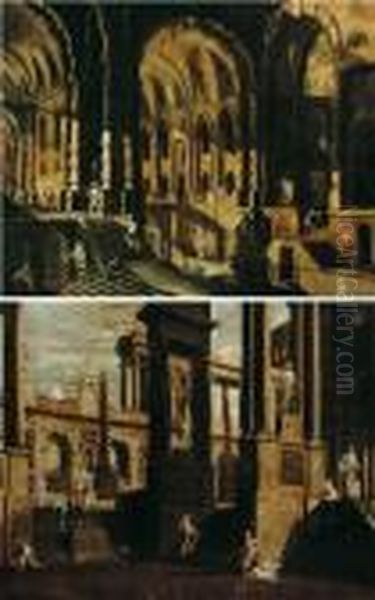 architettura Di Carcere Con Figure> E <architettura Di
 Palazzo Con Statue Classiche E Figure Oil Painting by Vittorio Maria Bigari