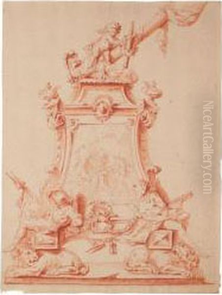 Studio Di Oggetto Decorativo 
Sorretto Da Due Leoni Con Prigioni E Raffigurazione Al Centro Della 
Fucina Di Vulcano Oil Painting by Vittorio Maria Bigari