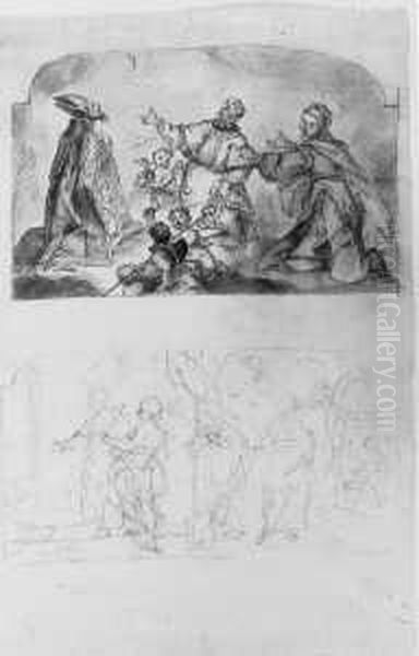 Die Madonna, Ein Bischof Und Ein
 Ordensheiliger In Anbetender Pose, Von Putten Mit Ihren Attributen 
Umgeben. Darunter: Maria Heimsuchung (rotel). Oil Painting by Vittorio Maria Bigari