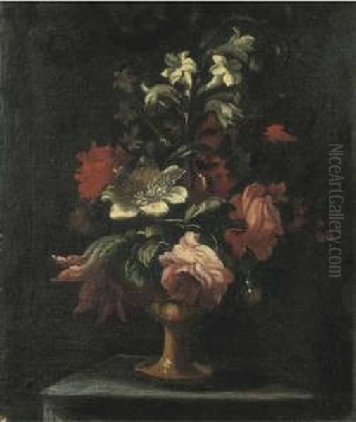Ranuncoli, Garofani, Peonie Ed 
Altri Fiori In Un Vaso Vaso Dimetallo Su Un Piedistallo; E Rose, 
Garofano Ed Altri Fiori In Unvaso Di Metallo Su Un Piano Di Pietra Oil Painting by Felice Fortunato Biggi Dei Fiori
