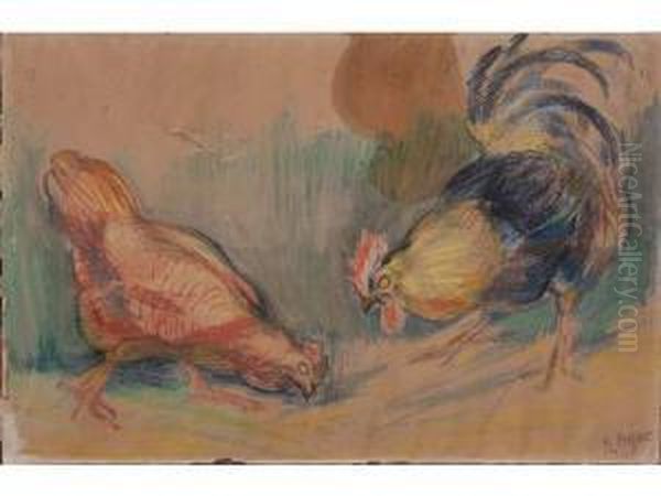 Coq Et Poule Picorant Oil Painting by Raymond Bigot