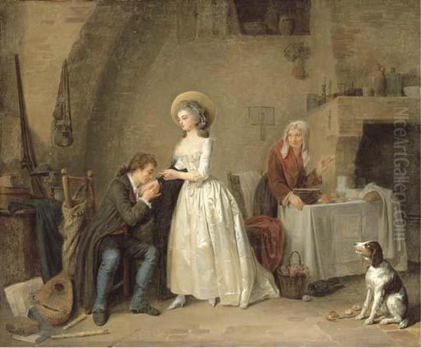 An Amorous Couple In An Interior
 With An Old Woman Preparing A Meal, Musical Instruments, A Basket Of 
Flowers And A Dog Oil Painting by Marc-Antoine Bilcoq