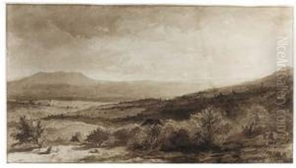 Farmhouses With Trees In An Extensive Landscape Oil Painting by Johannes Warnardus Bilders