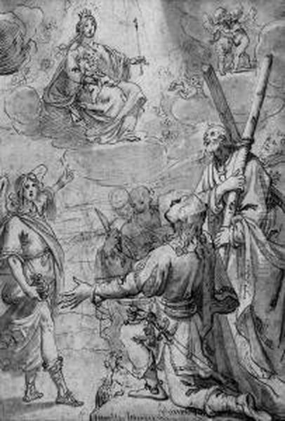 The Archangel Gabriel Pointing 
To The Madonna And Child, Withsaints Andrew, Dominic, Bartholomew And 
Francis (?) Oil Painting by Giovanni Biliverti