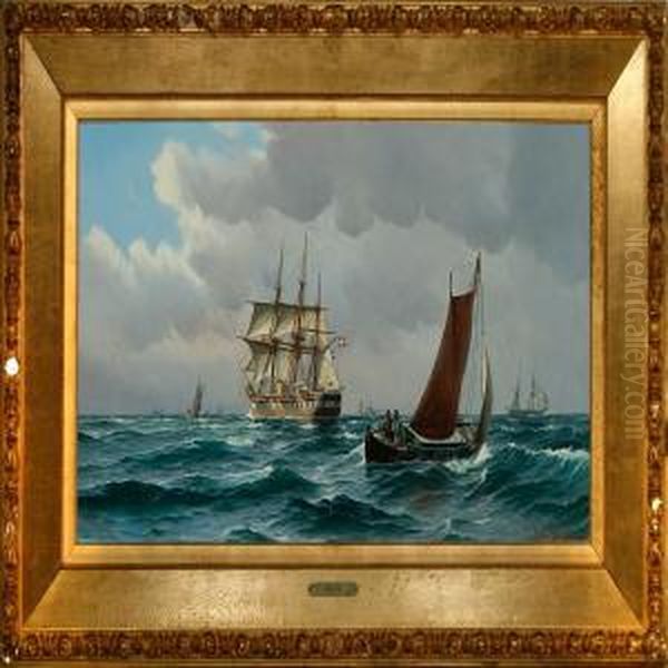 Marine With The Danishfrigate Jylland And Other Ships On Open Sea Oil Painting by Vilhelm Bille