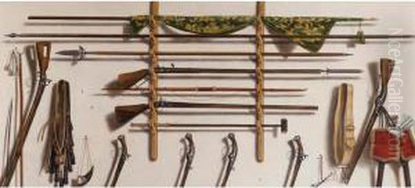 A Trompe L'oeil Of A Leading 
Staff, A Partizan, A Matchlock Musket, A Longbow, A Fowling Piece And 
Other Weaponry Hanging On A Wall Oil Painting by Jacobus Biltius