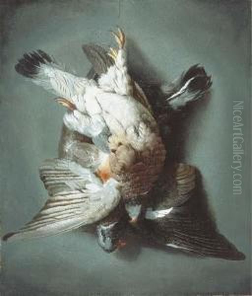 A Brace Of Woodpigeon Hanging From A String Against A Wall Oil Painting by Jacobus Biltius