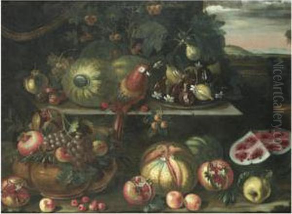 A Still Life With Watermelons, 
Figs, A Parrot And Grapes On A Stone Ledge, Together With Pomegrantes, 
Pumpkins And Apples, A Landscape Beyond Oil Painting by Bartolommeo Bimbi