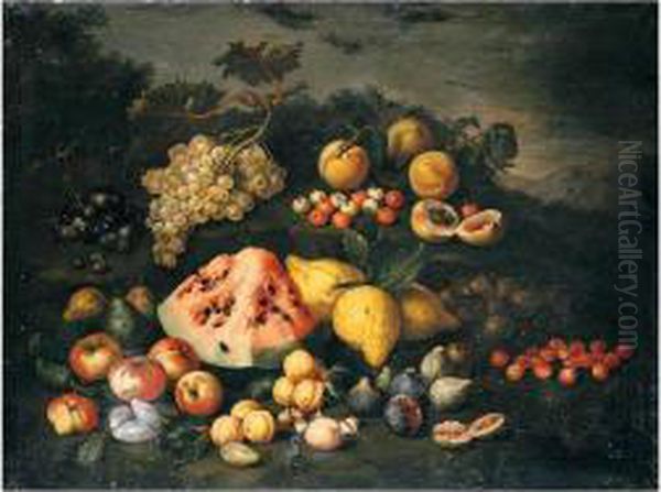 Still Life Of Watermelon, 
Lemons, Peaches, Apples, Plums, Cherries And Figs In An Open Landscape Oil Painting by Bartolommeo Bimbi