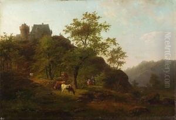 Hugelige Landschaft Mit
 Schloss. Oil Painting by Caesar Bimmermann