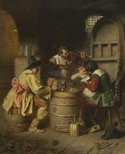 Lustige Unterhaltung Im
 Weinkeller. Oil Painting by Alois Binder