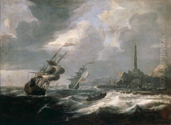 Seascape with lighthouse of Genoa Oil Painting by Jan Theunisz Blanckerhoff