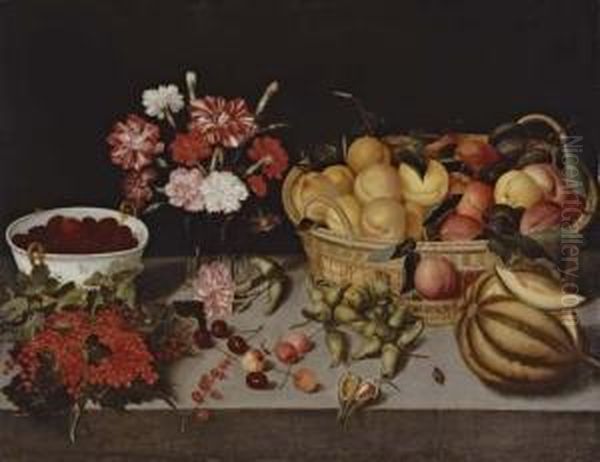 A Basket Of Peaches And Plums, 
Carnations In A Vase, A Bowl Of Blackberries, A Melon, Cherries, 
Hazelnuts And Redcurrants On A Table Ledge Oil Painting by Peter Paul Binoit