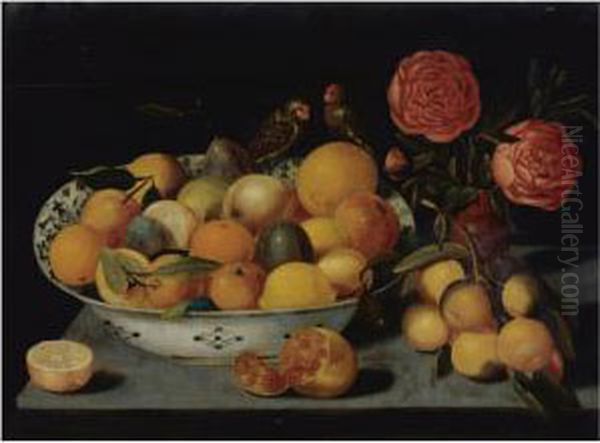 Still Life Of Fruit In A Wanli 
Kraak Porcelain Bowl Resting On A Table With A Pomegranate, A Bunch Of 
Oranges, Roses In A Vase And Two Parrots Oil Painting by Peter Paul Binoit