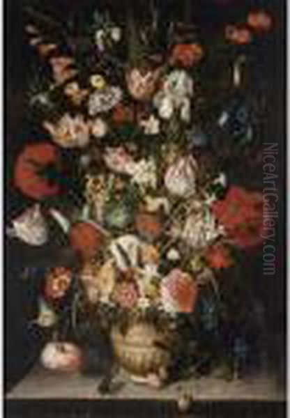 A Still Life With Tulips, Roses,
 Irises, Carnations, Raceme Daffodils, Poppy Anemones, Hyacinth And 
Other Flowers In A Stoneware Vase, With A Butterfly And A Stag Beetle On
 A Stone Ledge Oil Painting by Peter Paul Binoit