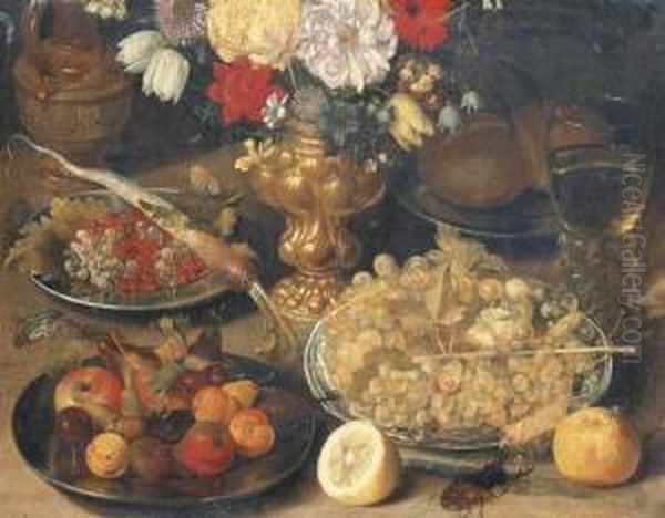 A Vase Of Flowers, Silver 
Platters With Fruit And Rolls, Grapes Ina Delftware Bowl, A Roemer Of 
Wine, A Ewer, A Beetle And Abutterfly, Half A Lemon And A Peach On A 
Table Oil Painting by Peter Paul Binoit