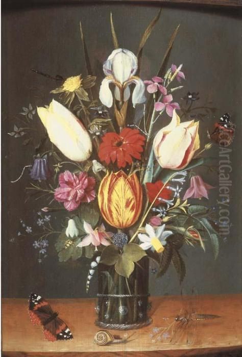 An Iris, Tulips, Forget-me-not, 
Lilies Of The Valley And Other Flowers In A Roemer On A Wooden Ledge, 
With A Snail, A Dragonfly And Two Butterflies Oil Painting by Peter Paul Binoit