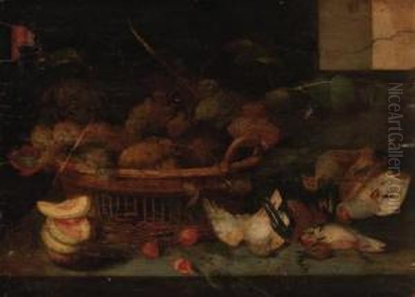 A Basket Of Grapes, With Other Fruit And Dead Birds On Aledge Oil Painting by Peter Paul Binoit