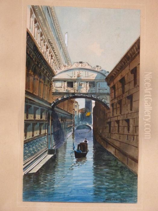 Kanal In Venedig Mit Der Seufzerbrucke
Und Einem Gondoliere. Oil Painting by H. Biondetti
