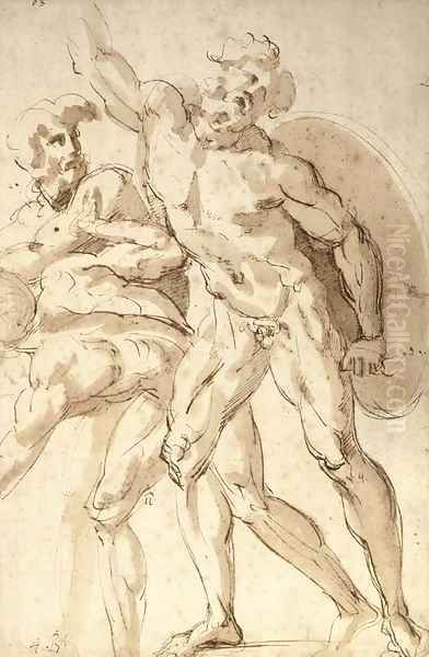 A nude warrior with a shield reaching up to the left, two crouching nudes to the left Oil Painting by Baccio Bandinelli