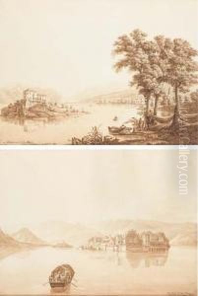 Lago Maggiore With Borromeo 
Island In The Foreground; And Lagomaggiore With The Isola Bella, 
Fishermen In The Foreground Oil Painting by Peter Birmann