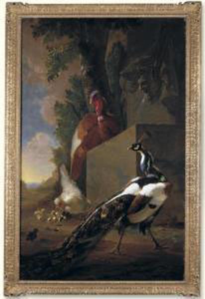 A Turkey, Peacock, A Chicken With His Chicks Beside A Classical Fountain In A Landscape Oil Painting by Abraham Bisschop Dordrecht