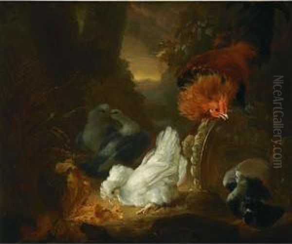 A Hen, A Cockerel And Pigeons In A Wooded Landscape Oil Painting by Abraham Bisschop Dordrecht