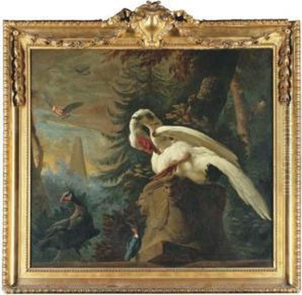 A Classical Wooded Landscape With A Muscovy Duck, A Guinea Fowl Anda Kingfisher Oil Painting by Abraham Bisschop Dordrecht