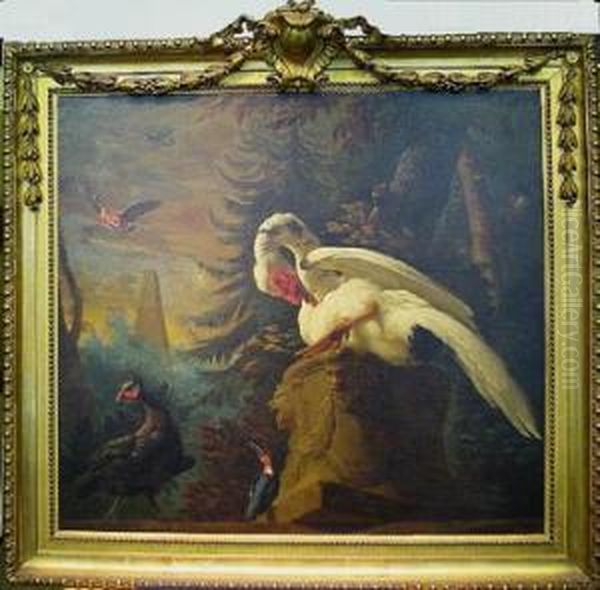 Trumpeter Swan With A Kingfisher And Other Birds In Landscape Oil Painting by Abraham Bisschop Dordrecht