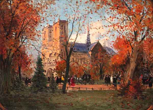 Figures before Notre Dame, Paris Oil Painting by Antal Berkes