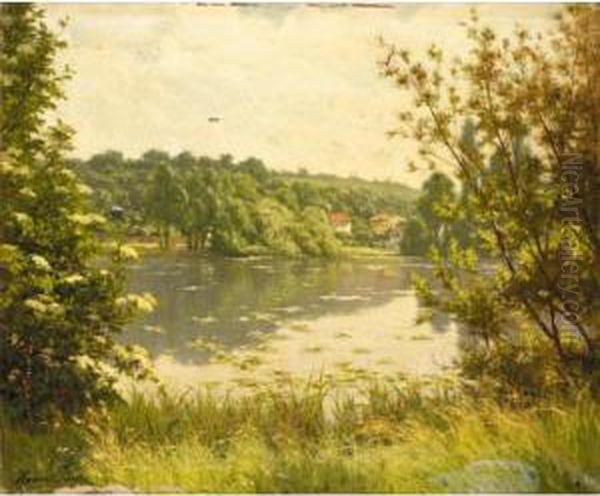 Lake Scene Oil Painting by Henri Biva