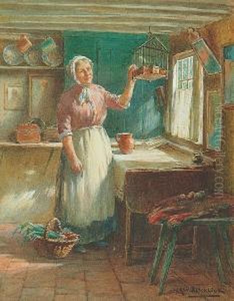 An Interior Scene With A Woman 
Washing Clothes; Cottage Interior With A Woman Beside A Window Oil Painting by William Kay Blacklock