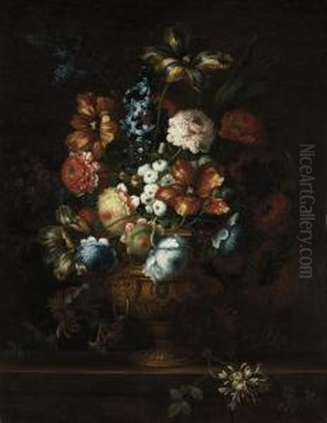 Tulips, Chrysanthemums, Violets 
And Other Flowers In A Sculptedbronze Urn, On A Stone Ledge Oil Painting by Jean Baptiste Belin de Fontenay