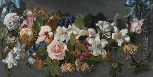 A Swag Of Roses, Honeysuckle, 
Delphiniums, Lilies, And Other Flowers Held By Blue Ribbons Oil Painting by Jean Baptiste Belin de Fontenay
