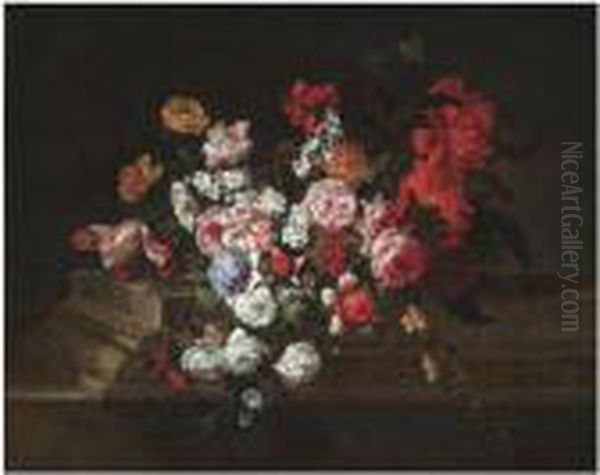A Still Life With Roses, Tulips,
 Peonies, Carnations And Otherflowers On A Sculpted Stone Ledge Oil Painting by Jean Baptiste Belin de Fontenay