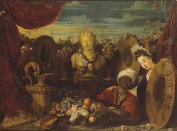 Buste De Bacchus Entoure D'une 
Guirlande De Fleurs, Avec Unecorbeille De Fruits, De La Vaisselle 
Precieuse Et Deuxpersonnages Oil Painting by Jean Baptiste Belin de Fontenay