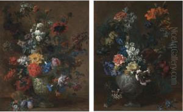 Carnations, Lilies, Delphinium, 
Tulips, Fritillaria Imperialis, Iris, Apple Blossom, Honeysuckle, 
Narcissi And Other Flowers In A Stone Vase Sculpted With The Figure Of 
Ceres Crowned By A Putto;
 Morning-glory, Martagon Lilies, Poppies, A Sunflower Oil Painting by Jean Baptiste Belin de Fontenay