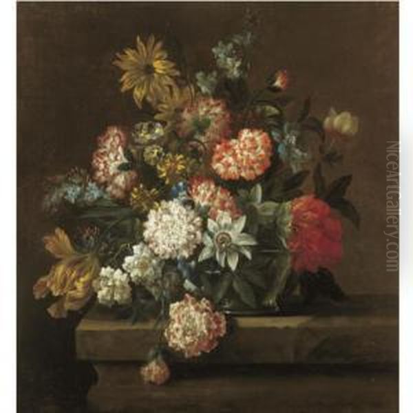 Still Life With Chrysanthemums, 
Morning Glory, A Tulip And Other Flowers In A Glass Vase Resting On A 
Ledge Oil Painting by Jean Baptiste Belin de Fontenay