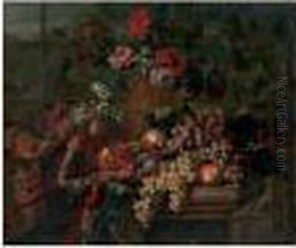 Raisin, Prunes, Poires, 
Grenades, Sur Un Entablement Orne D'un Riche Tapis Et De Fleurs Dans Un 
Vase Cisele Et Dore. Oil Painting by Jean Baptiste Belin de Fontenay
