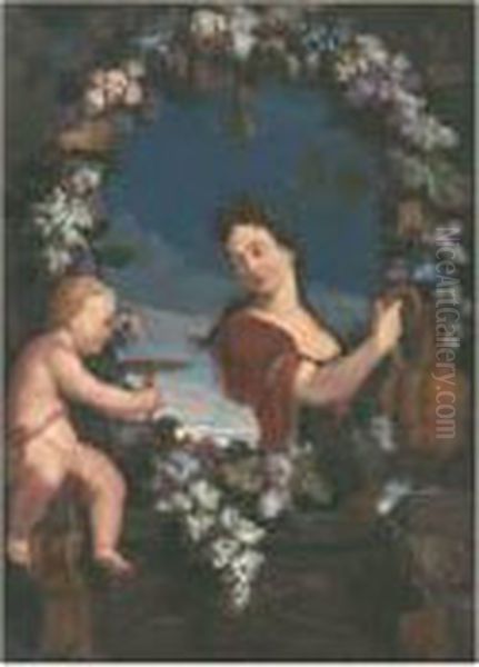 Femme A Mi-corps Tenant Une 
Aiguiere Et Putto Pressant Une Grappe Devant Une Balustrade De Pierre 
Ornee D'une Guirlande De Raisins Oil Painting by Jean Baptiste Belin de Fontenay