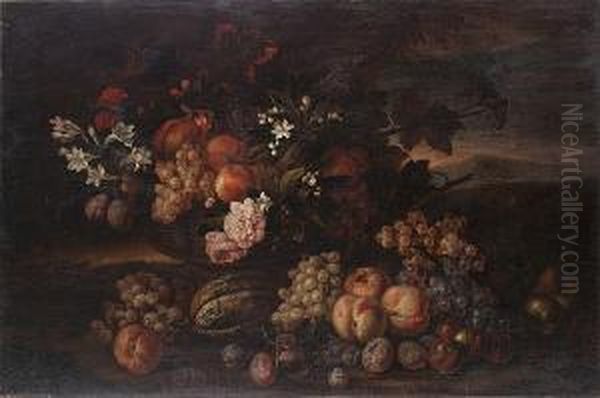 Peaches, Grapes, Pomegranates 
And Plums With Roses, Carnations And Other Flowers In A Basket Oil Painting by Jean Baptiste Belin de Fontenay