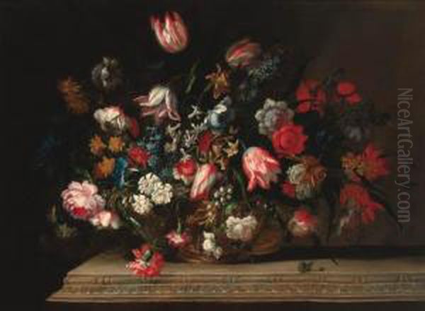 Tulips, Narcissi, Daffodils, 
Hyacinths, Carnations, Anemones, Bluebells, Morning Glory And Other 
Flowers In A Gilt Urn, On A Carved Ledge Oil Painting by Jean Baptiste Belin de Fontenay