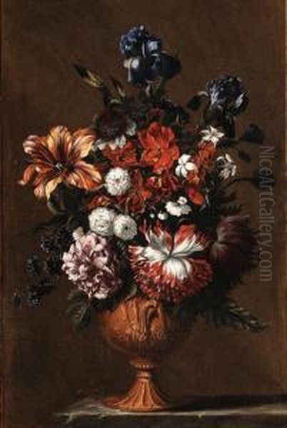 Irises, A Tulip, A Poppy, A 
Rose, Jasmine And Other Flowers In Asculpted Urn On A Stone Ledge--in A 
Painted Wooden Surround Oil Painting by Jean Baptiste Belin de Fontenay