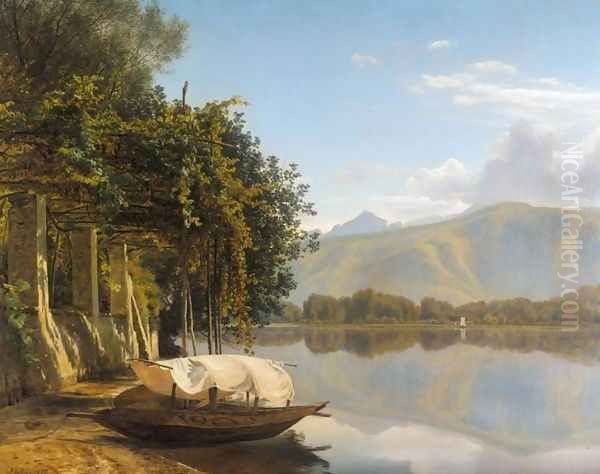 Lake Lugano at Pont Tresa (Lugano s&oslash;en ved Pont Tresa) Oil Painting by Janus Andreas Bartholin La Cour