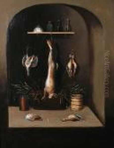 Dead Fowl Hanging From A Rail 
Above A Basket Of Wheat, An Earthenware Jug And Two Other Birds In A 
Stone Niche; And Dead Fowl And Hare Hanging From A Shelf Above A Basket 
Of Wheat And Jars In A Stone Niche Oil Painting by Benjamin Blake