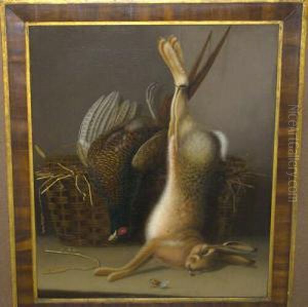 Still Life Of Dead Game With A 
Hare And Cock Pheasant Beside A Basket Oil On Canvas, 76cm By 63.5cm 
*the Picture Is Contained Within A Gilt And Wooden Inlaid Frame Oil Painting by Benjamin Blake